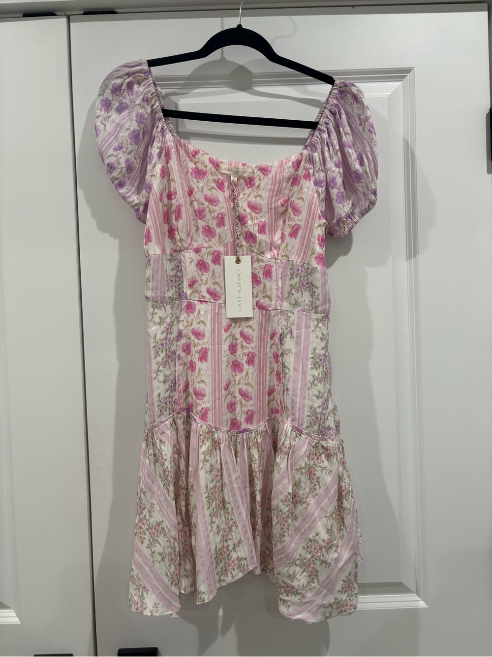 LoveShackFancy Pink and Lavender Floral Puff-Sleeve Dress